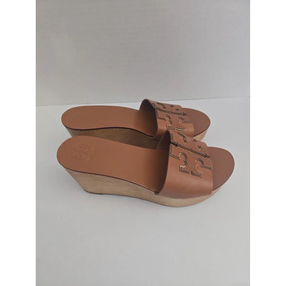 Tory Burch ines brown leather Wedge platform Slide Sandals Women’s Size 6-1/2M